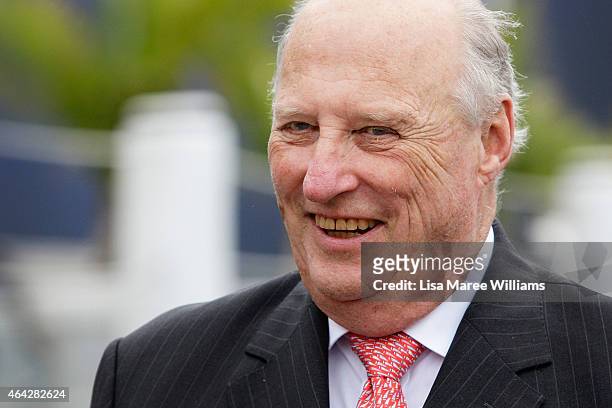 King Harald V of Norway arrives to view the 'Kathleen Gillett Ketch' at the Australian National Maritime Museum on February 24, 2015 in Sydney,...
