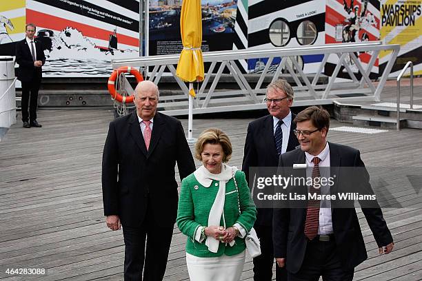 King Harald V and Queen Sonja of Norway arrive to view the 'Kathleen Gillett Ketch' with director Kevin Sumption and chairman Peter Dexter at the...