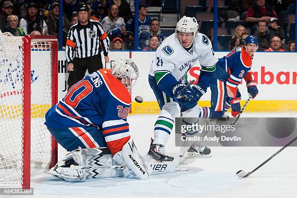 Zac Dalpe of the Vancouver Canucks takes a shot on Ben Scrivens of the Edmonton Oilers on January 21, 2014 at Rexall Place in Edmonton, Alberta,...