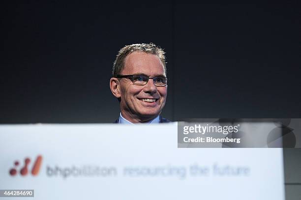 Andrew Mackenzie, chief executive officer of BHP Billiton Ltd., smiles during an investor briefing at the company's headquarters in Melbourne,...