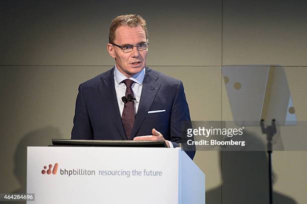 Andrew Mackenzie, chief executive officer of BHP Billiton Ltd., speaks during an investor briefing at the company's headquarters in Melbourne,...