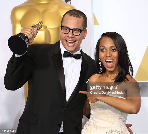 James Lucas and Kerry Washington pose in the press room with the award for Best Live Action Short Film at the 87th Annual Academy Awards at Hollywood...