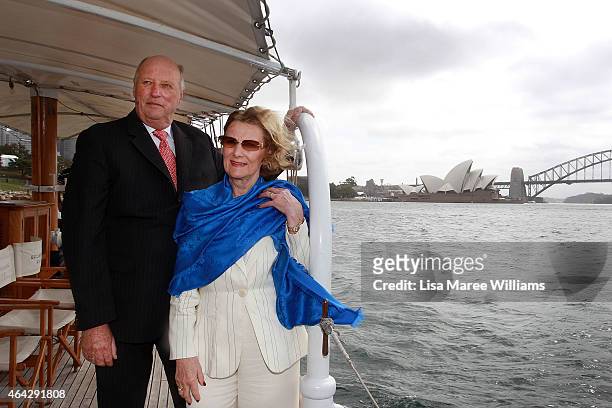 King Harald V and Queen Sonja of Norway travel on the 'Boomerang Sydney Heritage Fleet' on Sydney Harbour on February 24, 2015 in Sydney, Australia....