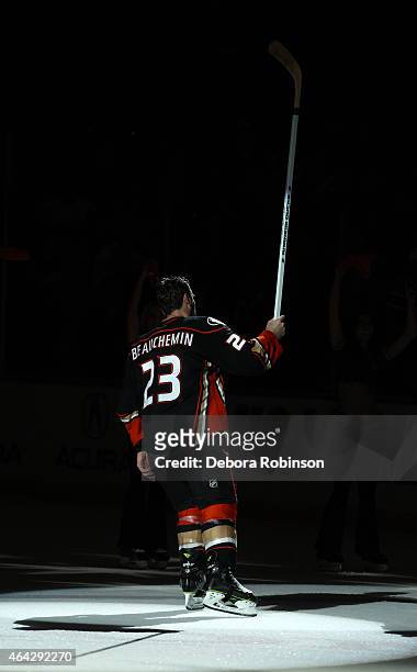 Francois Beauchemin of the Anaheim Ducks acknowledges the fans after the game against the Detroit Red Wings on February 23, 2015 at Honda Center in...