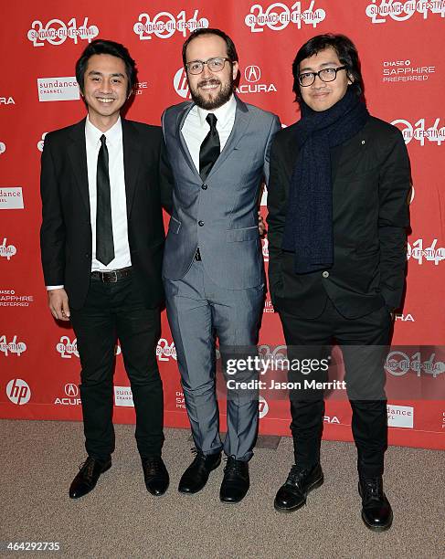 Composers Aria Prayogi, Joseph Trapanese and Fajar Yuskemal attend the premiere of "The Raid 2" at Eccles Center Theatre during the 2014 Sundance...