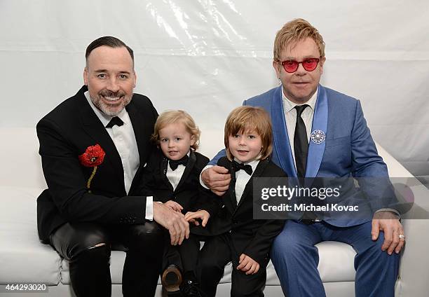 David Furnish, Elijah Furnish-John, Zachary Furnish-John, and Sir Elton John attend the 23rd Annual Elton John AIDS Foundation Academy Awards Viewing...