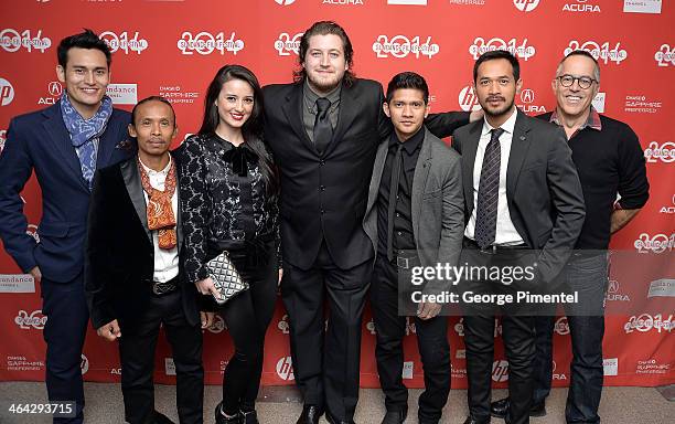 Arifin Putra, Yayan Ruhian, Julie Estelle, Gareth Evans, Iko Uwais, Oka Antara and Director Sundance Film Festival John Cooper attend the premiere of...
