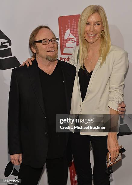 Musician Stephen Stills and wife Kristen Hathoway arrives at the 56th Grammy Awards Producers and Engineers Wing Event Honoring Neil Young at The...