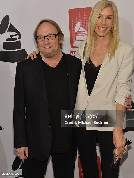 Musician Stephen Stills and wife Kristen Hathoway arrives at the 56th Grammy Awards Producers and Engineers Wing Event Honoring Neil Young at The...