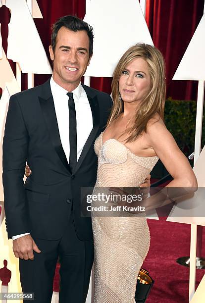 Justin Theroux and Jennifer Aniston attend the 87th Annual Academy Awards at Hollywood & Highland Center on February 22, 2015 in Hollywood,...
