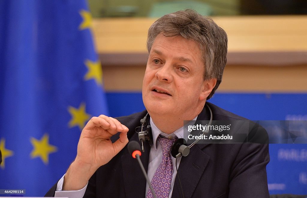 EU commissioner Jonathan Hill holds a press conference