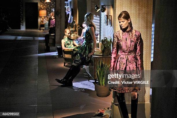 Model walks the runway at the Erdem show during London Fashion Week Fall/Winter 2015/16 at Old Selfridges Hotel on February 23, 2015 in London,...