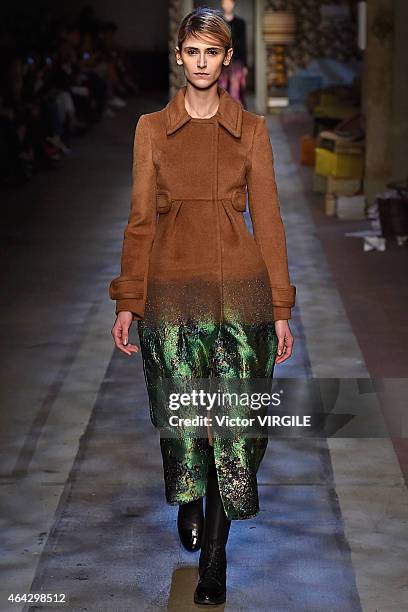 Model walks the runway at the Erdem show during London Fashion Week Fall/Winter 2015/16 at Old Selfridges Hotel on February 23, 2015 in London,...