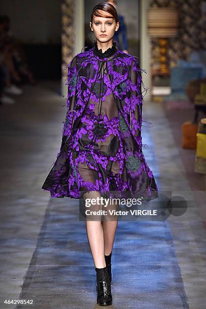 Model walks the runway at the Erdem show during London Fashion Week Fall/Winter 2015/16 at Old Selfridges Hotel on February 23, 2015 in London,...