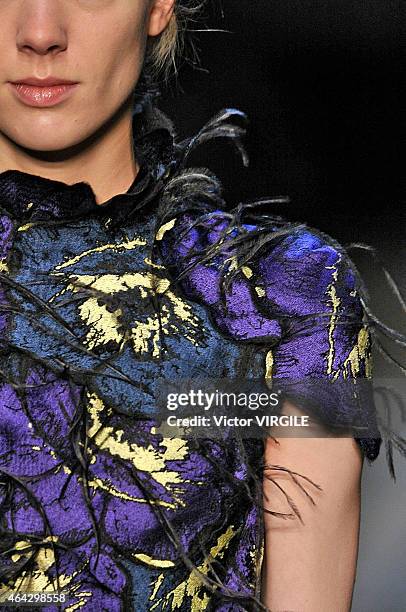 Model walks the runway at the Erdem show during London Fashion Week Fall/Winter 2015/16 at Old Selfridges Hotel on February 23, 2015 in London,...