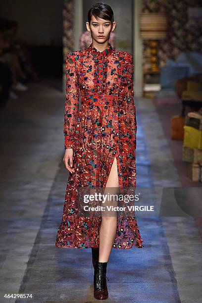 Model walks the runway at the Erdem show during London Fashion Week Fall/Winter 2015/16 at Old Selfridges Hotel on February 23, 2015 in London,...