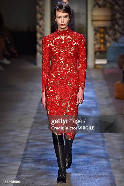 Model walks the runway at the Erdem show during London Fashion Week Fall/Winter 2015/16 at Old Selfridges Hotel on February 23, 2015 in London,...