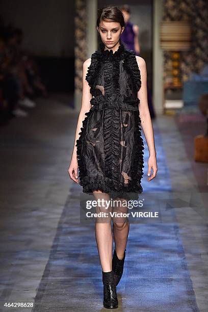 Model walks the runway at the Erdem show during London Fashion Week Fall/Winter 2015/16 at Old Selfridges Hotel on February 23, 2015 in London,...