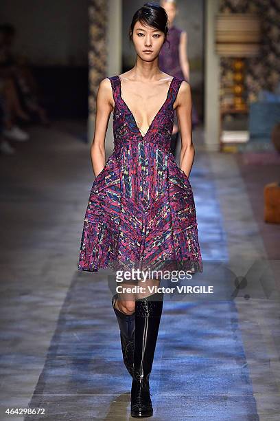 Model walks the runway at the Erdem show during London Fashion Week Fall/Winter 2015/16 at Old Selfridges Hotel on February 23, 2015 in London,...