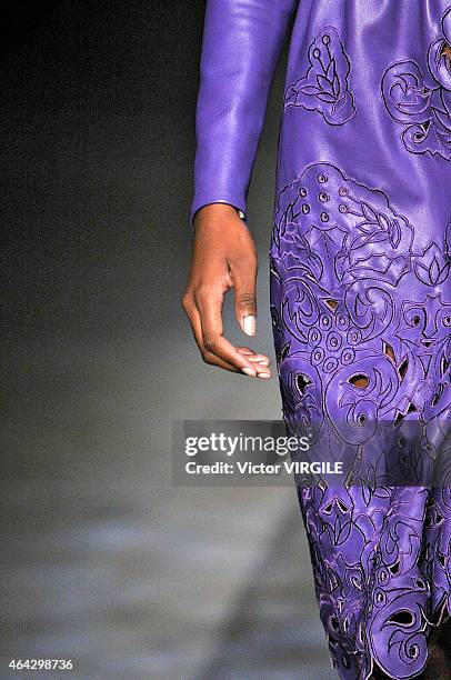 Model walks the runway at the Erdem show during London Fashion Week Fall/Winter 2015/16 at Old Selfridges Hotel on February 23, 2015 in London,...