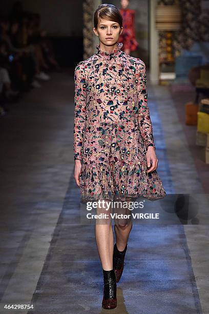 Model walks the runway at the Erdem show during London Fashion Week Fall/Winter 2015/16 at Old Selfridges Hotel on February 23, 2015 in London,...