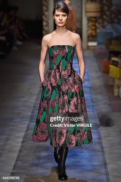 Model walks the runway at the Erdem show during London Fashion Week Fall/Winter 2015/16 at Old Selfridges Hotel on February 23, 2015 in London,...