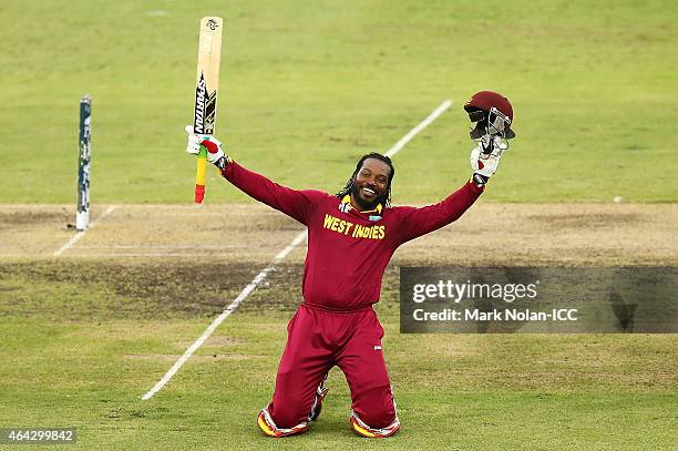 Chris Gayle of the West Indies celebrates and acknowledges the crowd after scoring a double century during the 2015 ICC Cricket World Cup match...