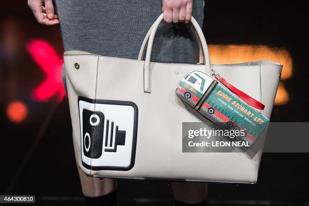 Models display creations by Anya Hindmarch during a presentation at the 2015 Autumn / Winter London Fashion Week in London, on February 24, 2015. AFP...