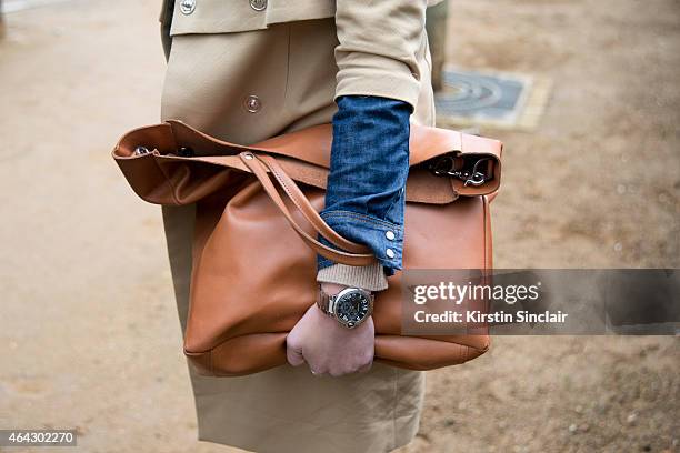 Founder of Creativesofdesire.com Anouk Yve Bos wears an Sandqvist bag, And Other Stories coat on February 23, 2015 in London, England.