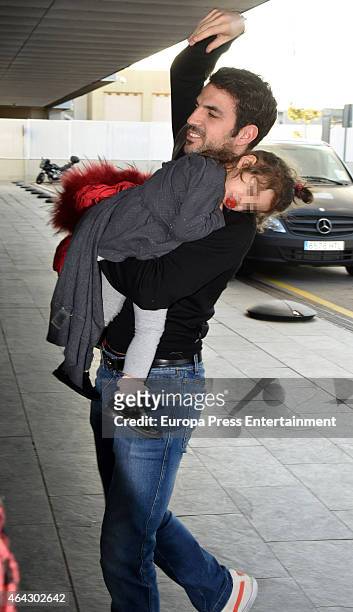 Chelsea football player Cesc Fabrega and his daughter Lia Fabregas are seen leaving Barcelona on February 23, 2015 in Barcelona, Spain.