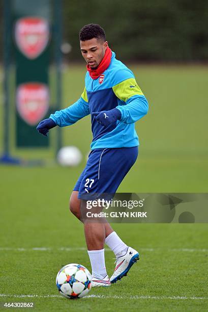 Arsenal's German striker Serge Gnabry attends a training session at Arsenal's training ground in London Colney, north of London, England on February...