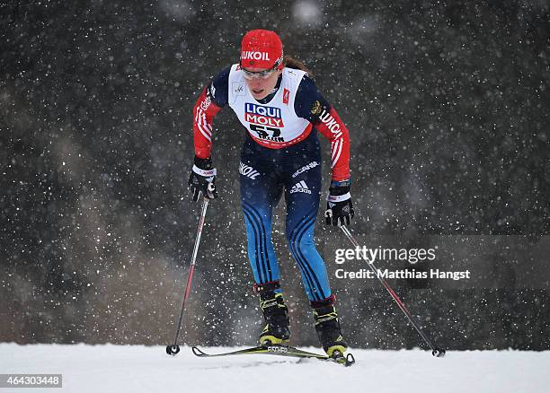 Yulia Tchekaleva of Russia competes during the Women's 10km Cross-Country during the FIS Nordic World Ski Championships at the Lugnet venue on...