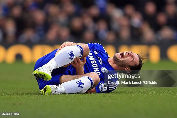 Branislav Ivanovic of Chelsea reacts after a challenge from Ashley Barnes of Burnley during the Barclays Premier League match between Chelsea and...