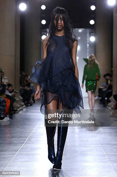 Model walks the runway at the Marques'Almeida show during London Fashion Week Fall/Winter 2015/16 at TopShop Show Space on February 24, 2015 in...