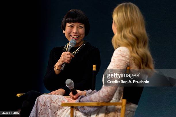 Angelica Cheung, Editor in Chief of Vogue China speaks during the Fashion In Conversation event at Apple Store, Regent Street on February 24, 2015 in...