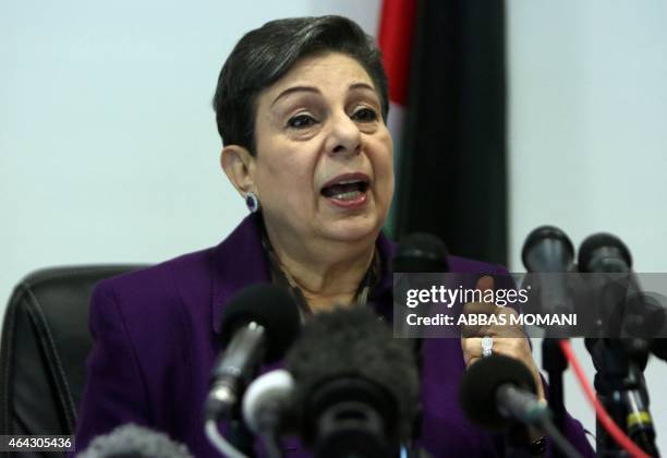 The Palestine Liberation Organisation executive committe member, Hanan Ashrawi speaks during a press conference on February 24, 2015 in the West Bank...