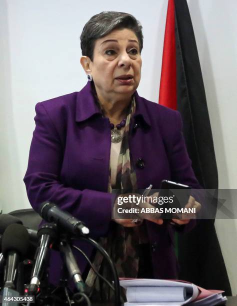 The Palestine Liberation Organisation executive committe member, Hanan Ashrawi arrives for a press conference on February 24, 2015 in the West Bank...