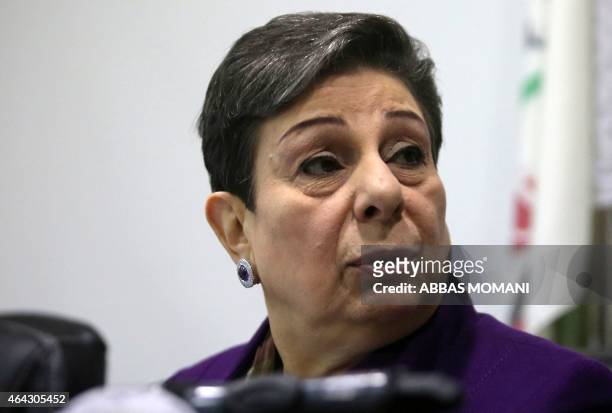 The Palestine Liberation Organisation executive committe member, Hanan Ashrawi speaks during a press conference on February 24, 2015 in the West Bank...