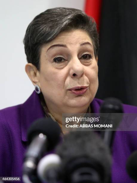 The Palestine Liberation Organisation executive committe member, Hanan Ashrawi speaks during a press conference on February 24, 2015 in the West Bank...