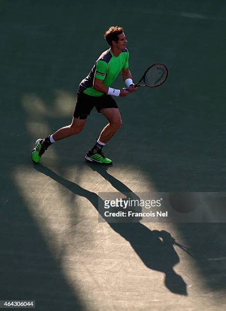 Andy Murray of Great Britain in action against Gilles Muller of Luxembourg during day two of the ATP Dubai Duty Free Tennis Championships at the...