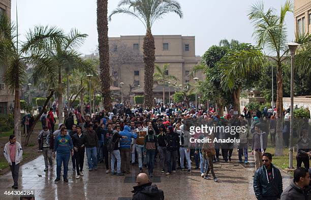Group of students stage an anti-government protest at Cairo University in the Egyptian city of Giza on February 24, 2015. Demonstrators demanded the...