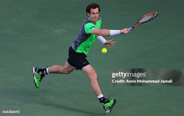 Andy Murray of Great Britain in action against Gilles Muller of Luxembourg during day two of the ATP Dubai Duty Free Tennis Championships at the...