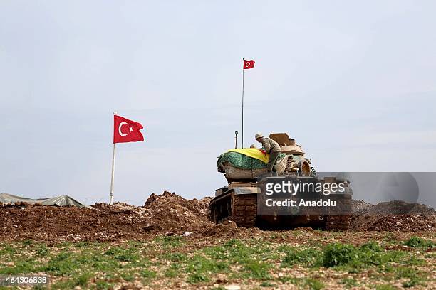 Turkish soldiers are seen on duty for the construction of Suleyman Shah's Tomb after Turkish flag is raised on 22nd of February 2015 in the Turkey's...
