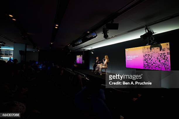 Angelica Cheung, Editor In Chief Of Vogue China and Kinvara Balfour speaks during the Fashion In Conversation event at Apple Store, Regent Street on...