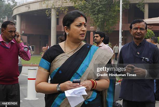 Union HRD Minister Smriti Irani after BJP Parliamentary party meeting during Budget session at Parliament house on February 24, 2015 in New Delhi,...