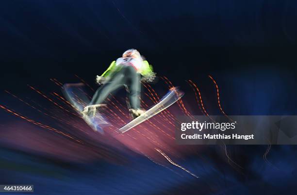 Thomas Diethart of Austria practices during the Men's Large Hill training during the FIS Nordic World Ski Championships at the Lugnet venue on...