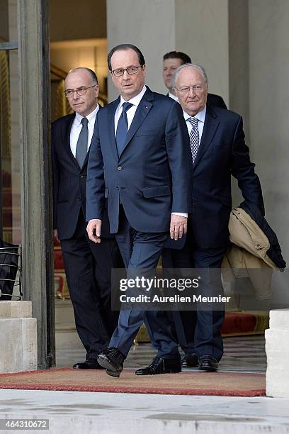 French President Francois Hollande and French Interior Minister, Bernard Cazeneuve receive Roger Cukierman , President of the CRIF, Representative...