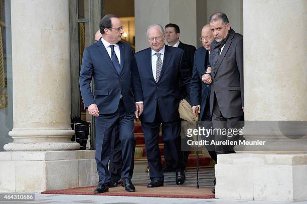 French President Francois Hollande and French Interior Minister, Bernard Cazeneuve receive Roger Cukierman , President of the CRIF, Representative...