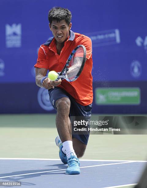 Indian tennis player Somdev Devvarman in action against Ramkumar Ramanathan in Kolkata Open 2015 ATP Challenger Tour on February 24, 2015 in Kolkata,...