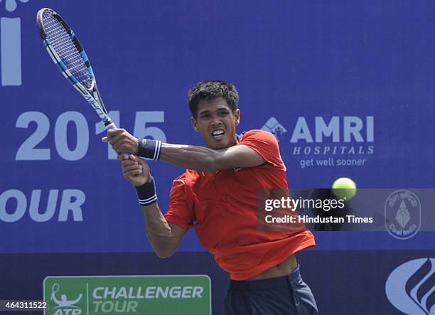 Indian tennis player Somdev Devvarman in action against Ramkumar Ramanathan in Kolkata Open 2015 ATP Challenger Tour on February 24, 2015 in Kolkata,...